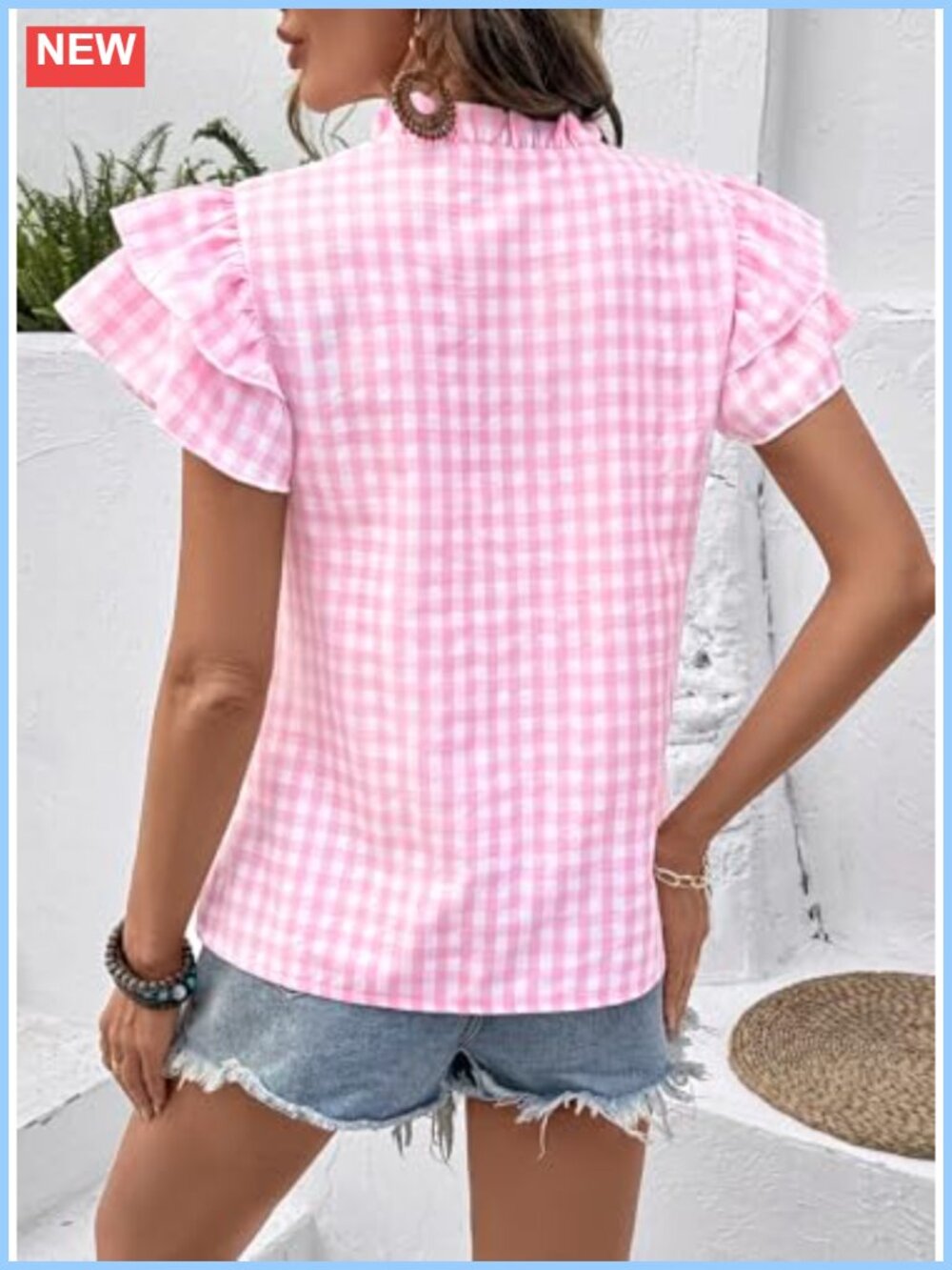 V Neck Ruffle Sleeve Peplum Blouse Gingham Plaid Cotton Blend Top - Picture 4 of 5